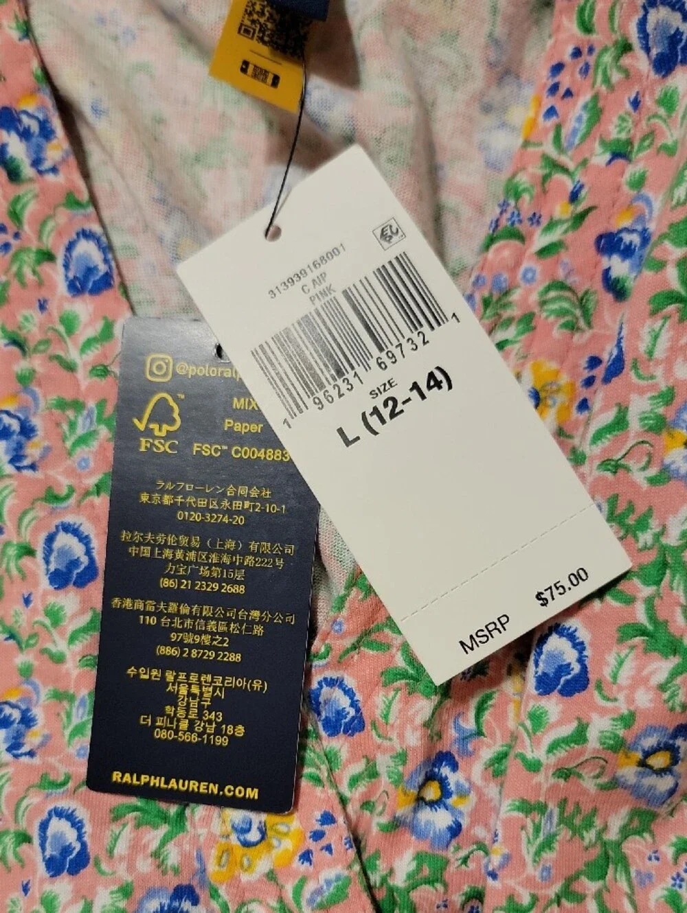 NWT Polo by Ralph Lauren Pink Floral V‑Neck Smocked Waist Dress Large (12-14)